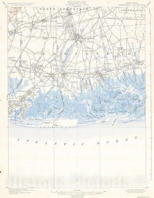 Historic Map : U.S.G.S. Map of Hempstead, Long Beach, Long Island, New York, 1900, Vintage Wall Art