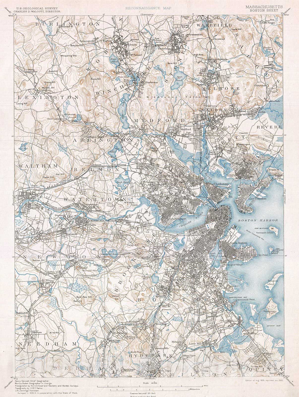 Historic Map : U.S. Geological Survey of Boston and Vicinity, Massachusetts , 1900, Vintage Wall Art