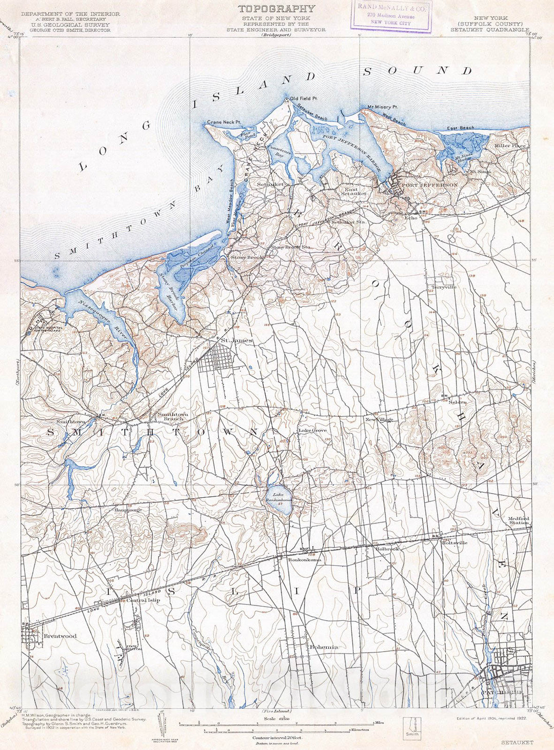 Historic Map : U.S.G.S. Map of Long Island New York (Islip, Brookhaven, Smithtown) , 1904, Vintage Wall Art