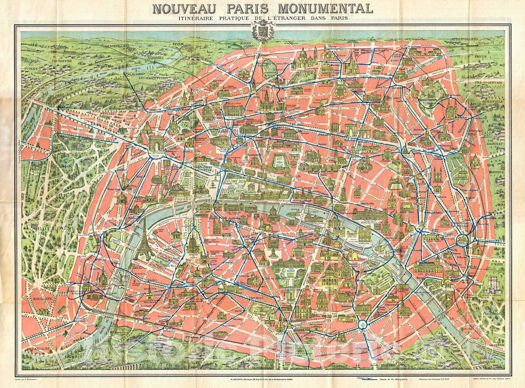 Historic Map : Leconte Monument Map of Paris, France, 1910, Vintage Wall Art