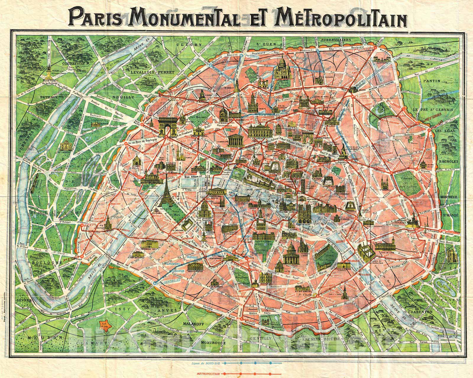 Historic Map : Art Nouveau Monument Map of Paris, France , 1920, Vintage Wall Art