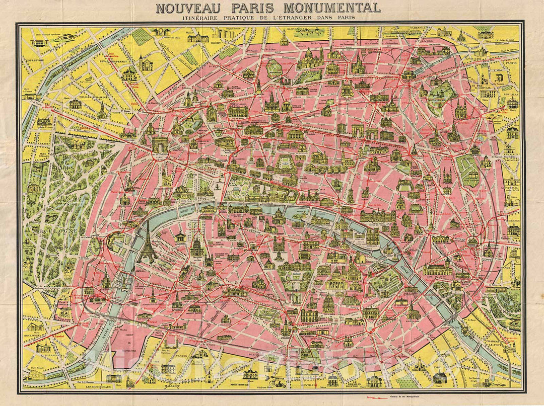 Historic Map : Leconte Pocket Map of Paris, France (with Eiffel Tower and Metro), 1920, Vintage Wall Art