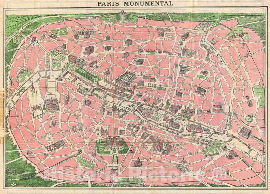 Historic Map : Leconte and Joly Map of Paris, France w Monuments, 1927, Vintage Wall Art