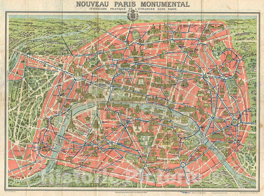 Historic Map : Paris France w Monuments by A. Leconte, 1928, Vintage Wall Art