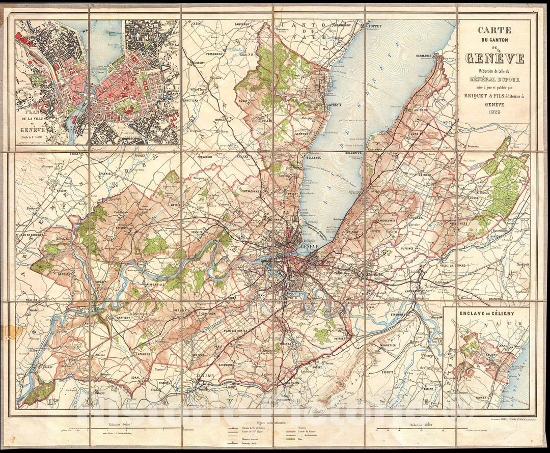 Historic Map : Briquet Map of Geneva and Lake Geneva, Switzerland , 1929, Vintage Wall Art