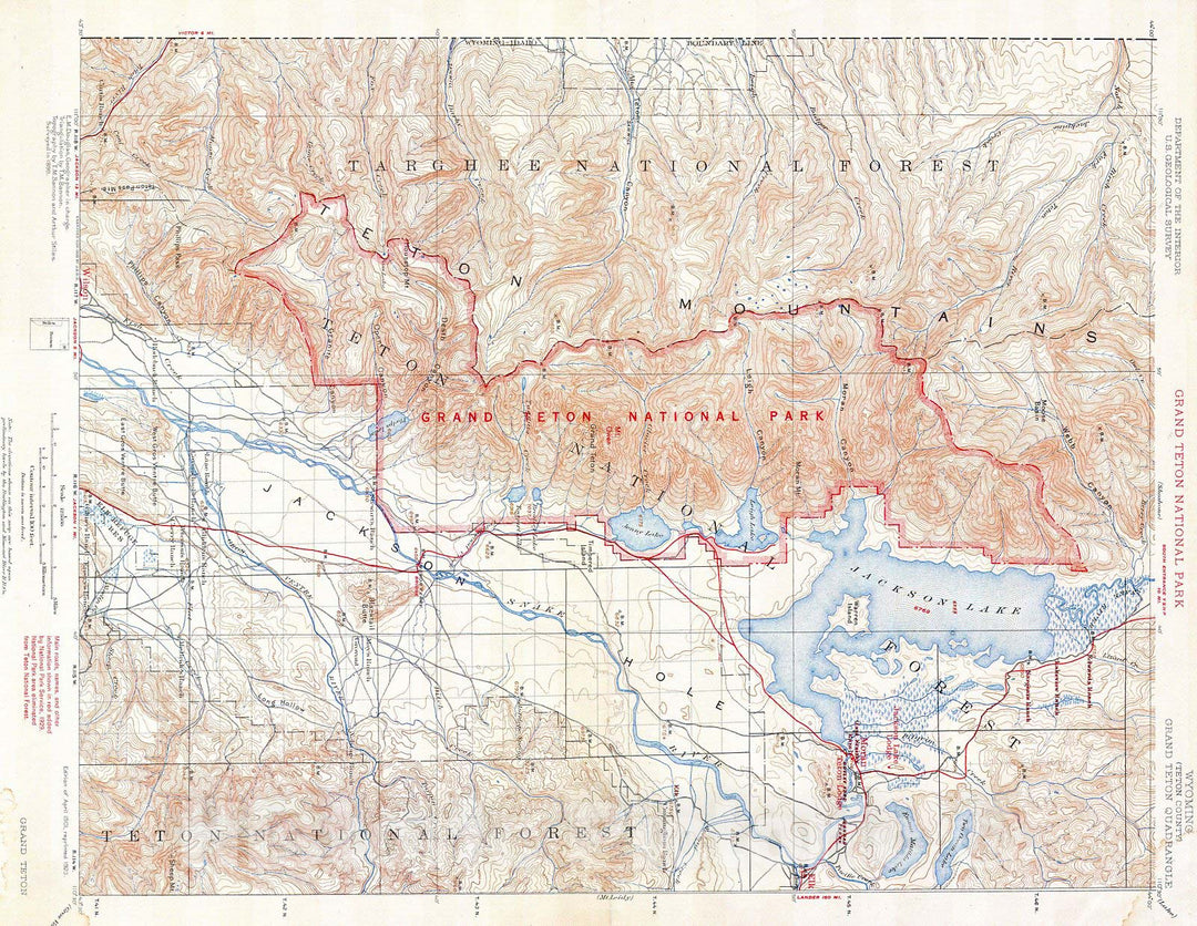 Historic Map : U.S.G.S. Map of Grand Teton National Park, Wyoming, 1929, Vintage Wall Art