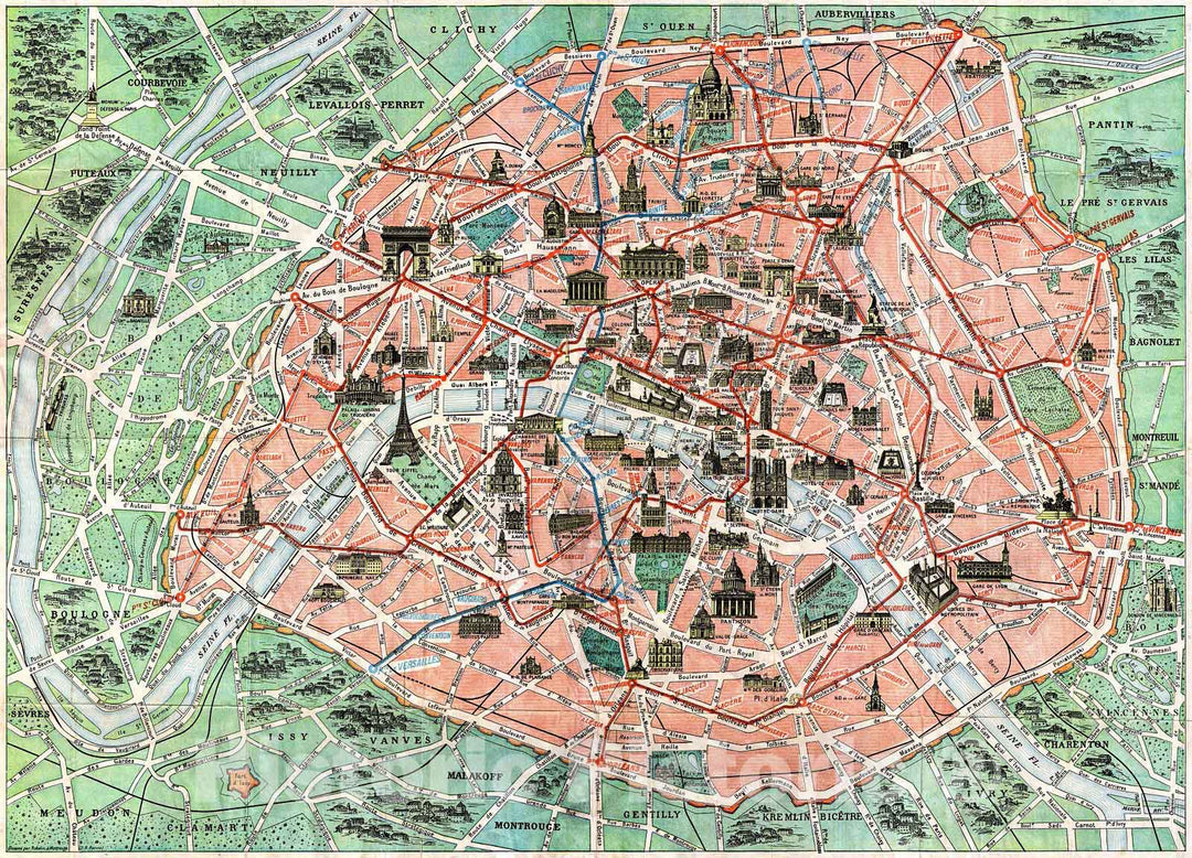 Historic Map : Robelin Map of Paris, France wMonuments, Version 2, 1932, Vintage Wall Art