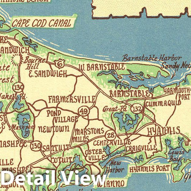 Historic Map : Colonial Craftsman Decorative Map of Cape Cod, Massachusetts, 1940, Vintage Wall Art