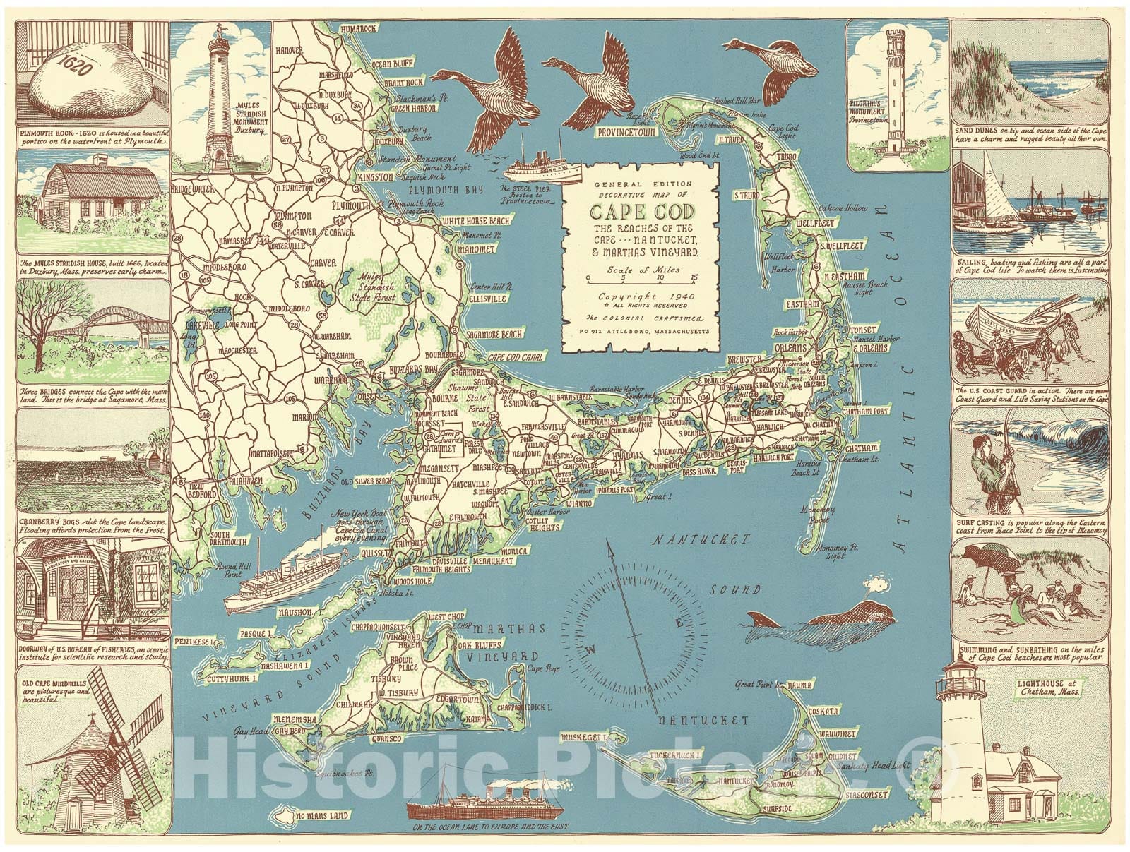 Historic Map : Colonial Craftsman Decorative Map of Cape Cod, Massachusetts, 1940, Vintage Wall Art