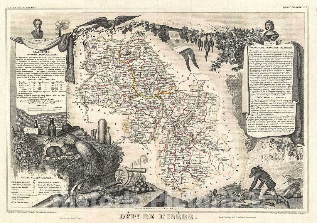 Historic Map : Levasseur Map of The Department de L'Isere, France, 1852, Vintage Wall Art