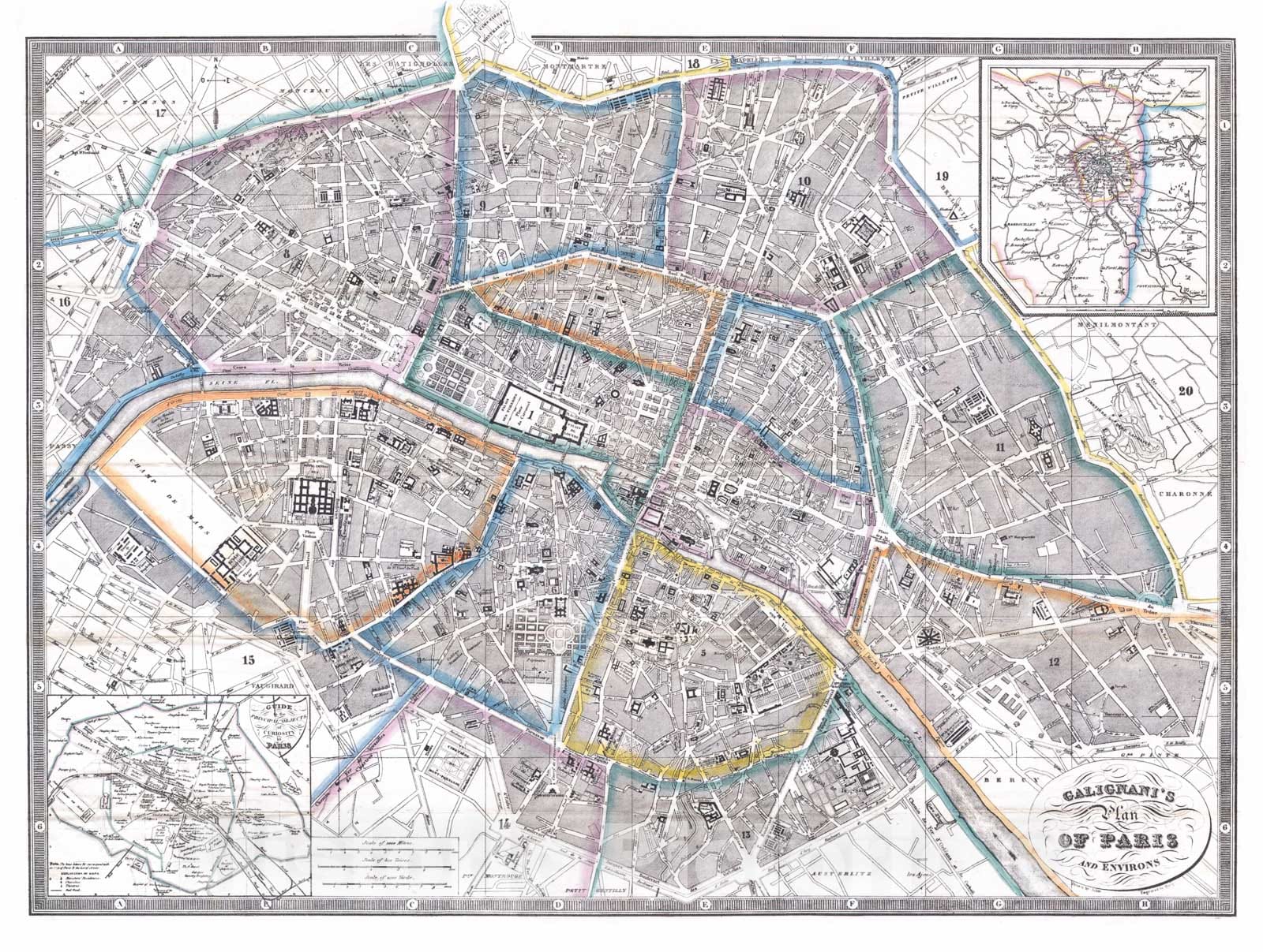 Historic Map : Galignani's Plan of Paris and Environs (France), 1865, Vintage Wall Art