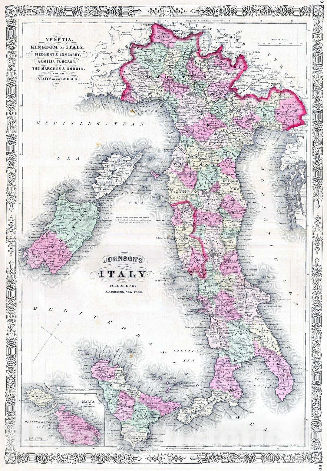 Historic Map : Johnson's Map of Italy, 1864, Vintage Wall Art