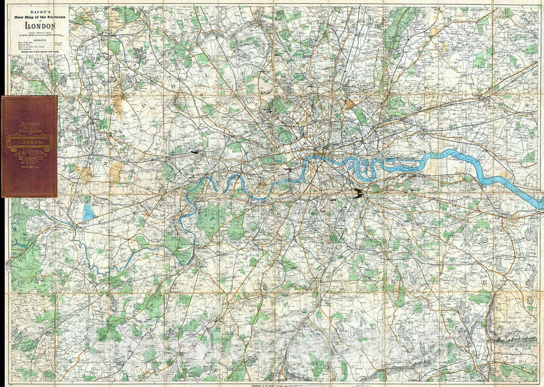 Historic Map : Bacon's Pocket Map of The Environs of London, England, 1895, Vintage Wall Art