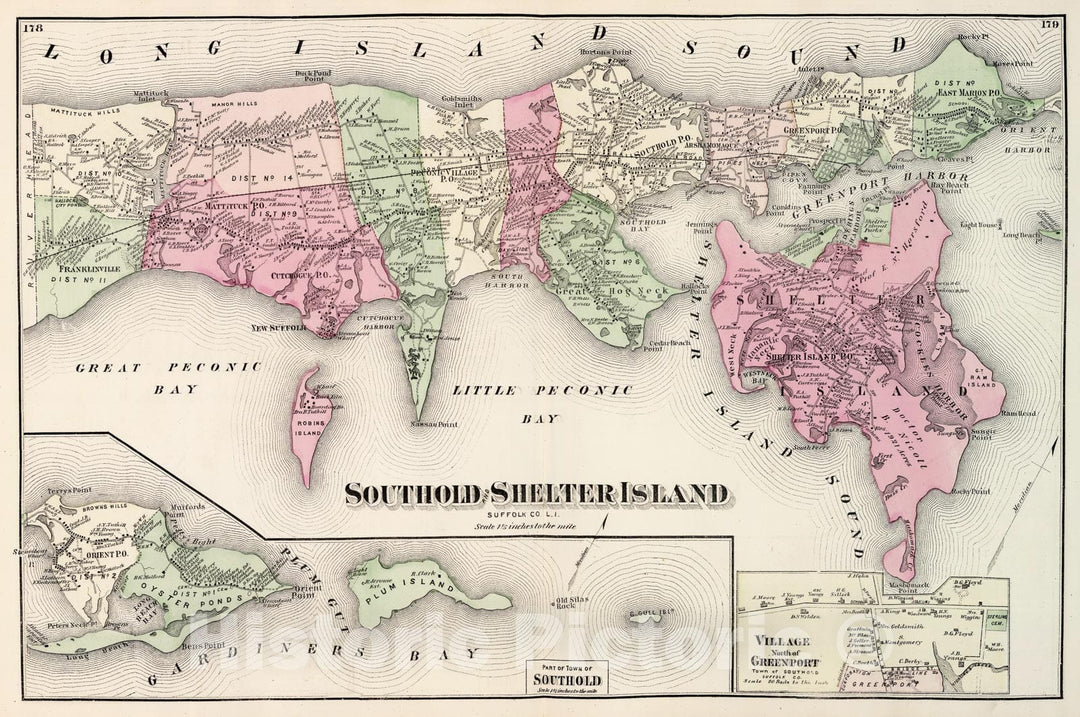 Historic Map : Beers Map of Southold & Shelter Island, Long Island, New York, 1873, Vintage Wall Art