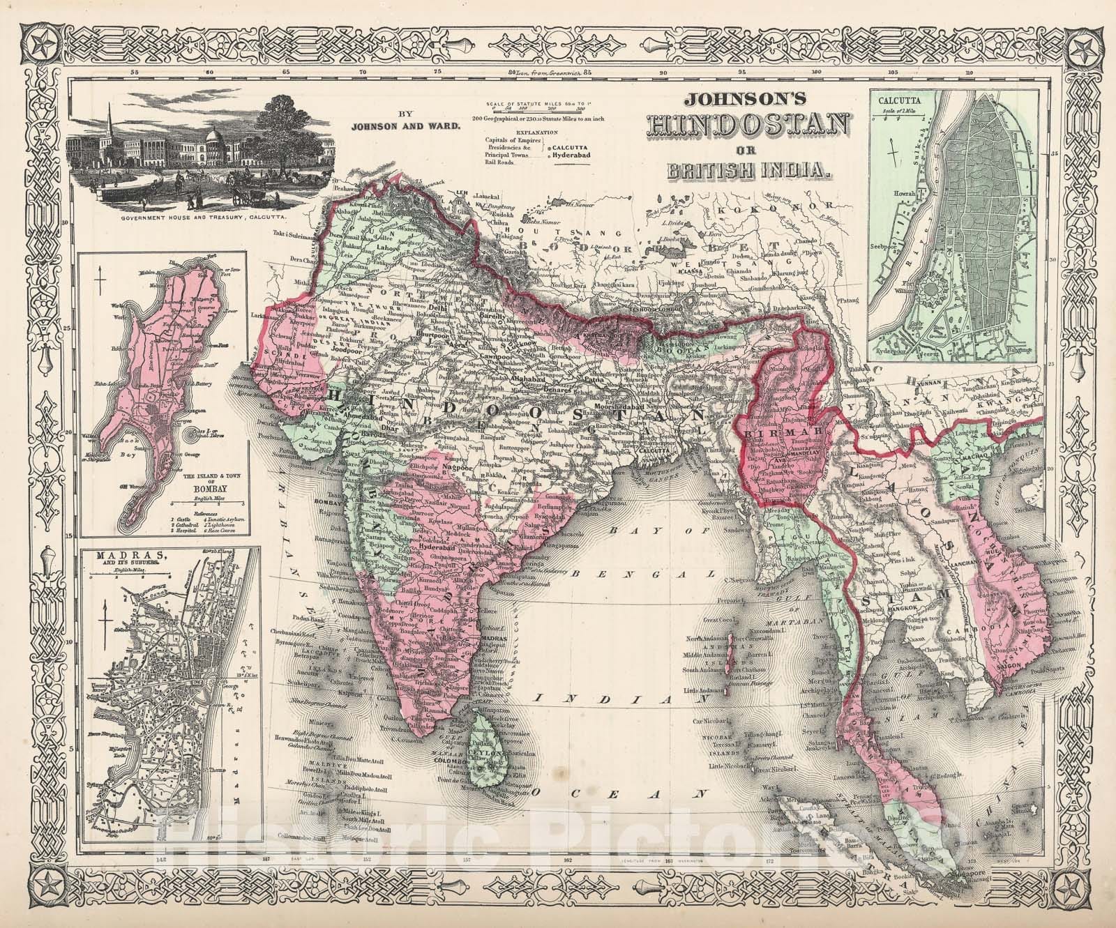 Historic Map : Johnson's Map of India (Hindostan or British India) , Version 2, 1865, Vintage Wall Art