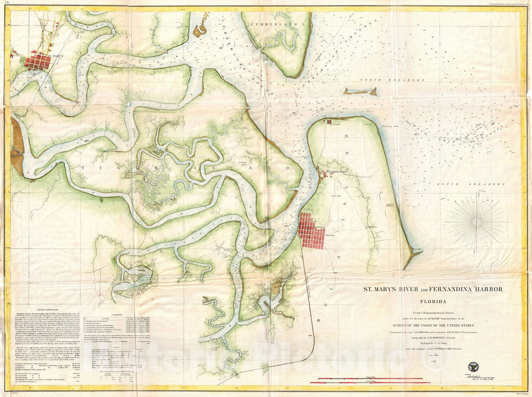 Historic Map : U.S. Coast Survey Map or Chart of St. Mary's River and Fernandina Harbor, Florida, 1857, Vintage Wall Art