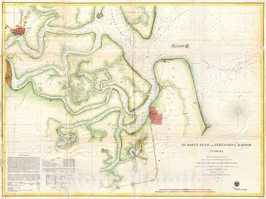 Historic Map : U.S. Coast Survey Map or Chart of St. Mary's River and Fernandina Harbor, Florida, 1857, Vintage Wall Art