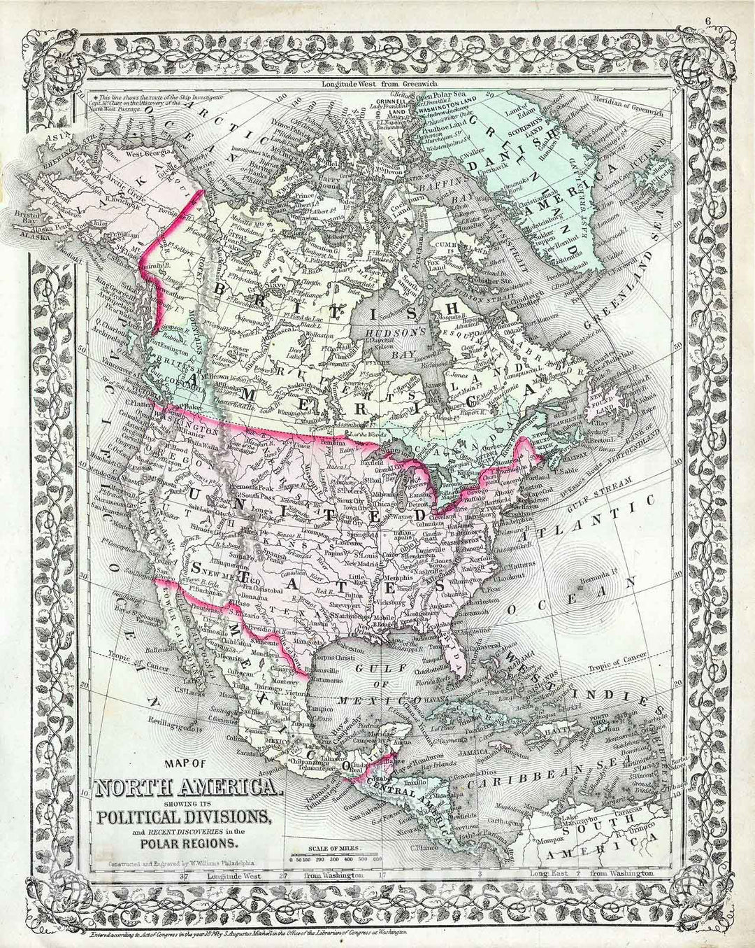 Historic Map : Mitchell Map of North America & The United States, 1874, Vintage Wall Art