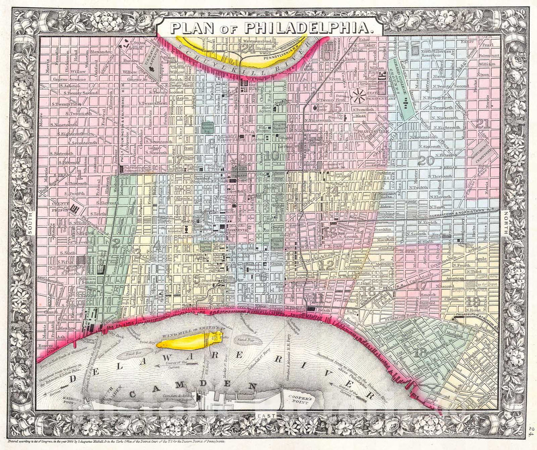 Historic Map : Mitchell's Street Map of Philadelphia, 1860, Vintage Wall Art