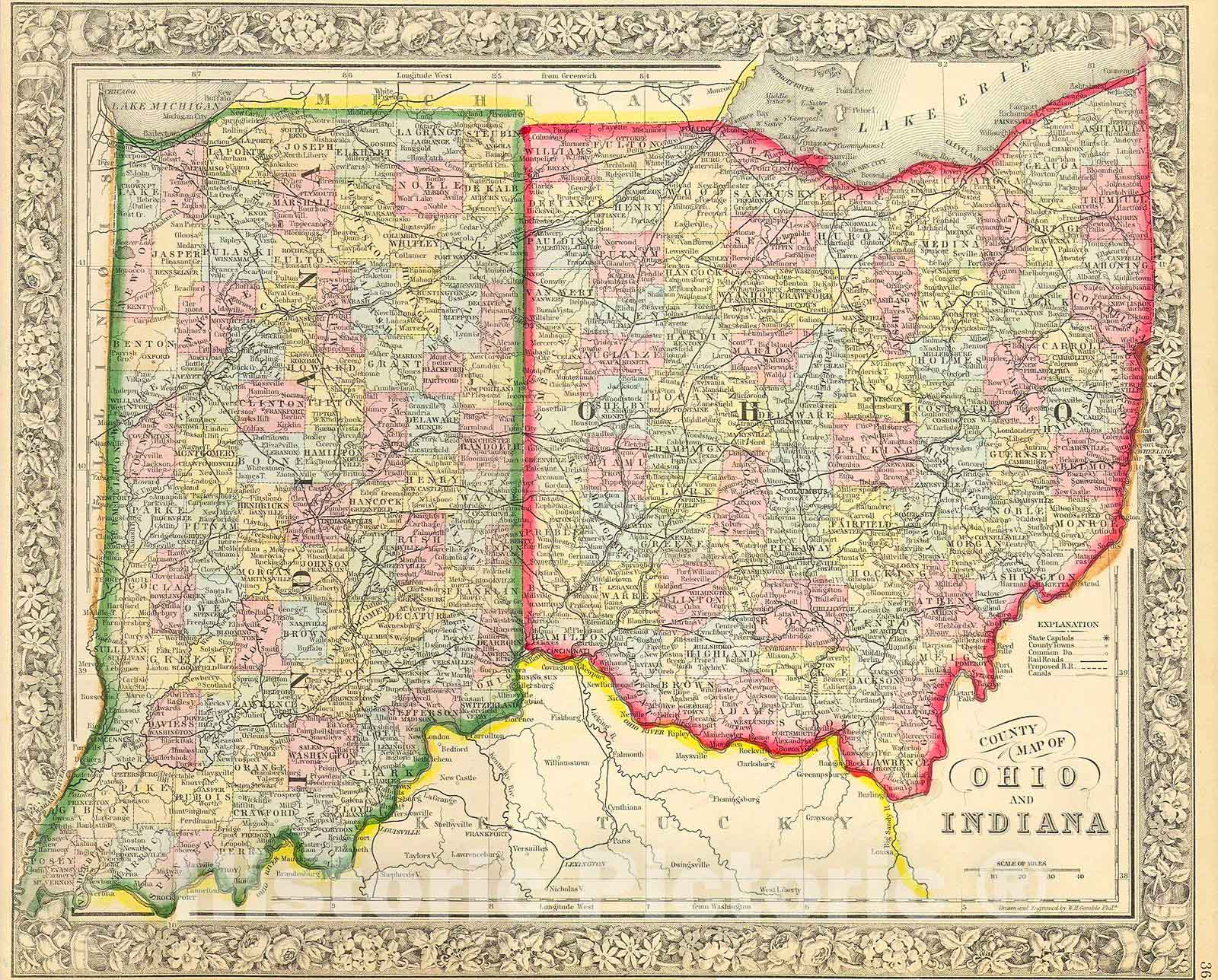 Historic Map : Mitchell's Map of Ohio and Indiana , 1860, Vintage Wall Art