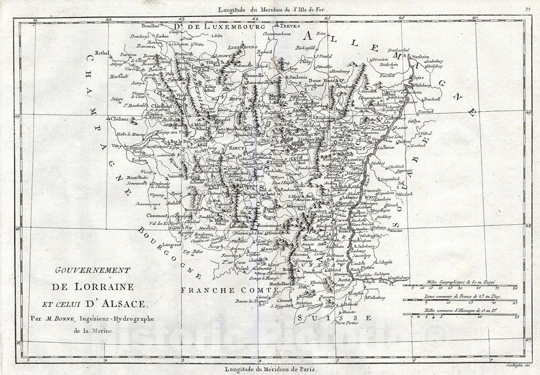 Historic Map : Bonne Map of Alsace & Lorainne, France, 1780, Vintage Wall Art