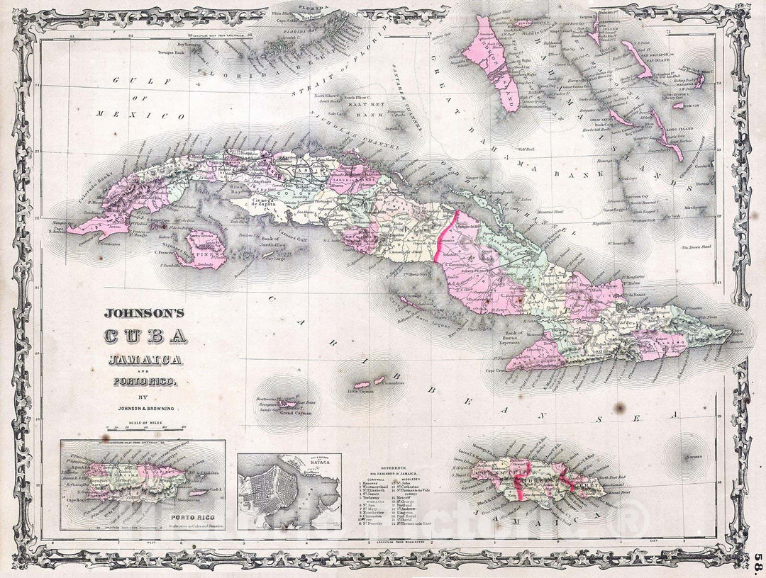 Historic Map : Johnson's Map of Cuba, Jamaica & Porto Rico, 1861, Vintage Wall Art