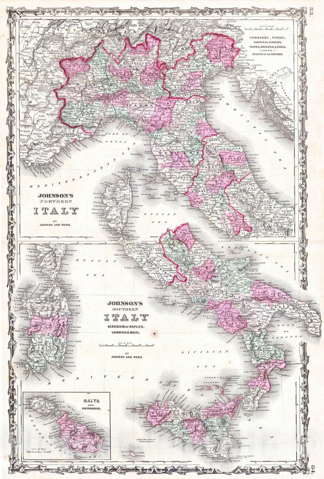 Historic Map : Johnson Map of Italy, Naples & Sicily, 1862, Vintage Wall Art