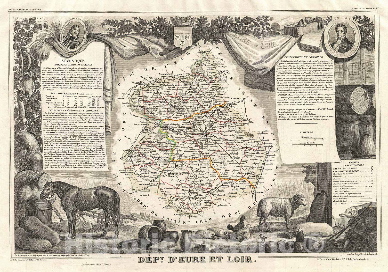 Historic Map : Levasseur Map of The Department D'Eure Et Loir, France (Loire Wine Region), 1852, Vintage Wall Art