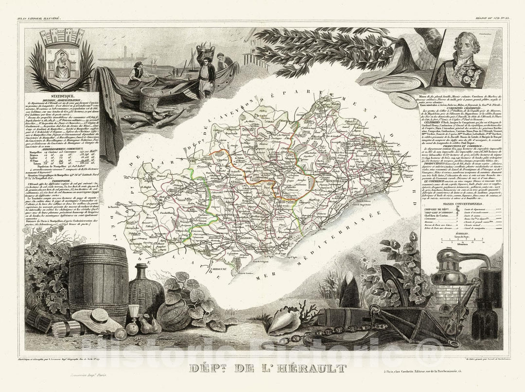 Historic Map : Levasseur Map of The Department de L'Herault, France (Languedoc Wine Region), 1852, Vintage Wall Art