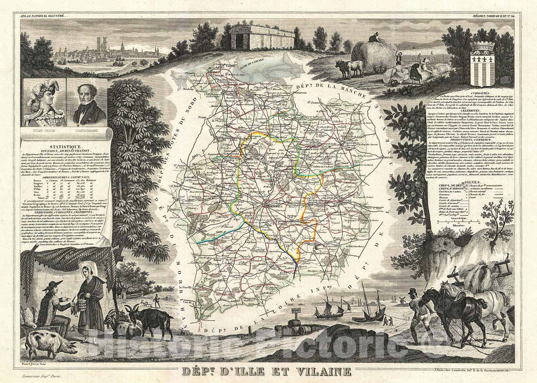 Historic Map : Levasseur Map of The Department D'Ille Et Vilaine, France, 1852, Vintage Wall Art