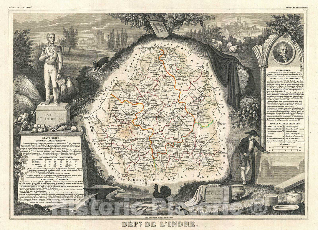 Historic Map : Levasseur Map of The Department de L'Indre, France (Chinon Wine Region), 1852, Vintage Wall Art