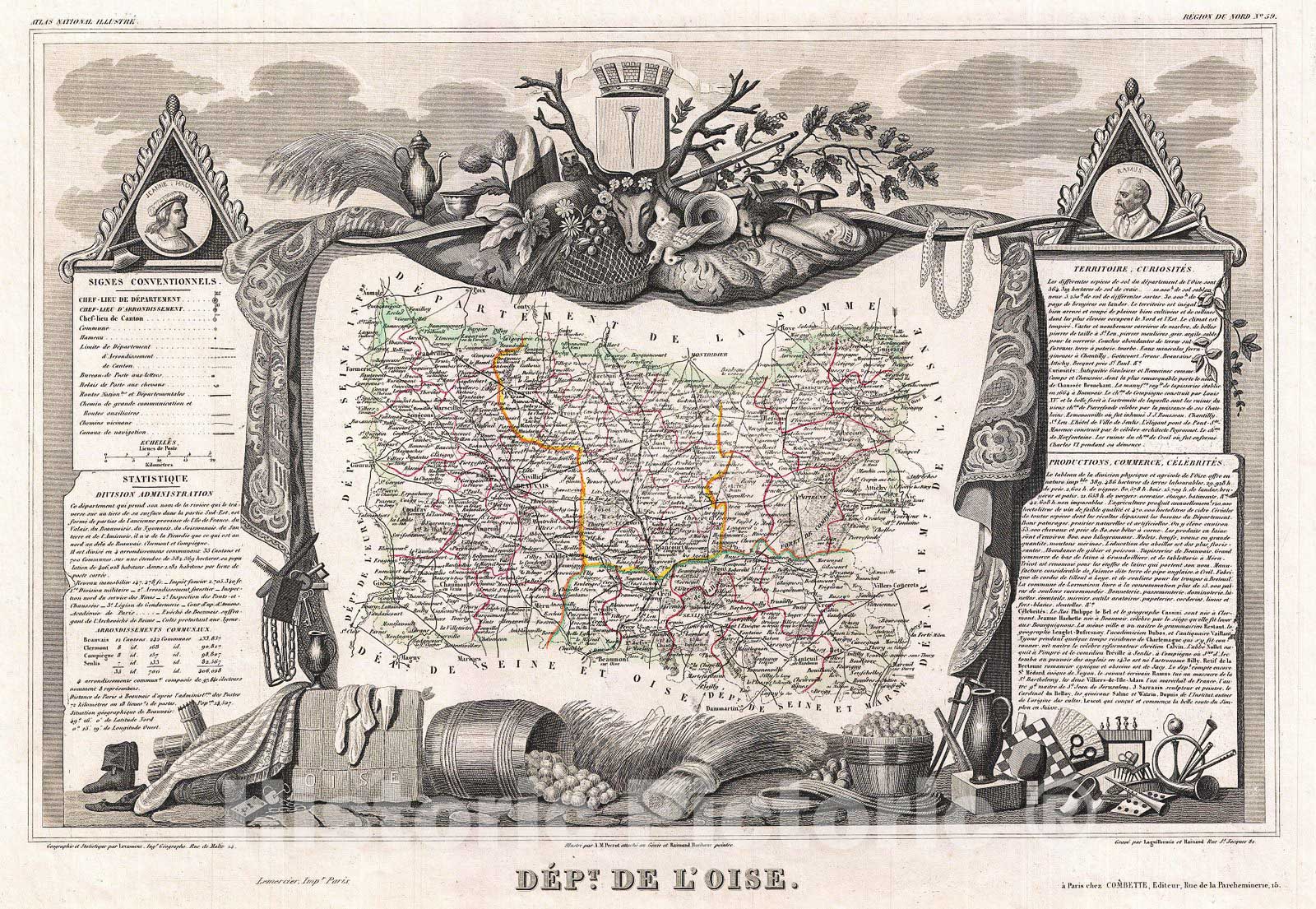 Historic Map : Levasseur Map of The Department De L'Oise, France, 1852, Vintage Wall Art