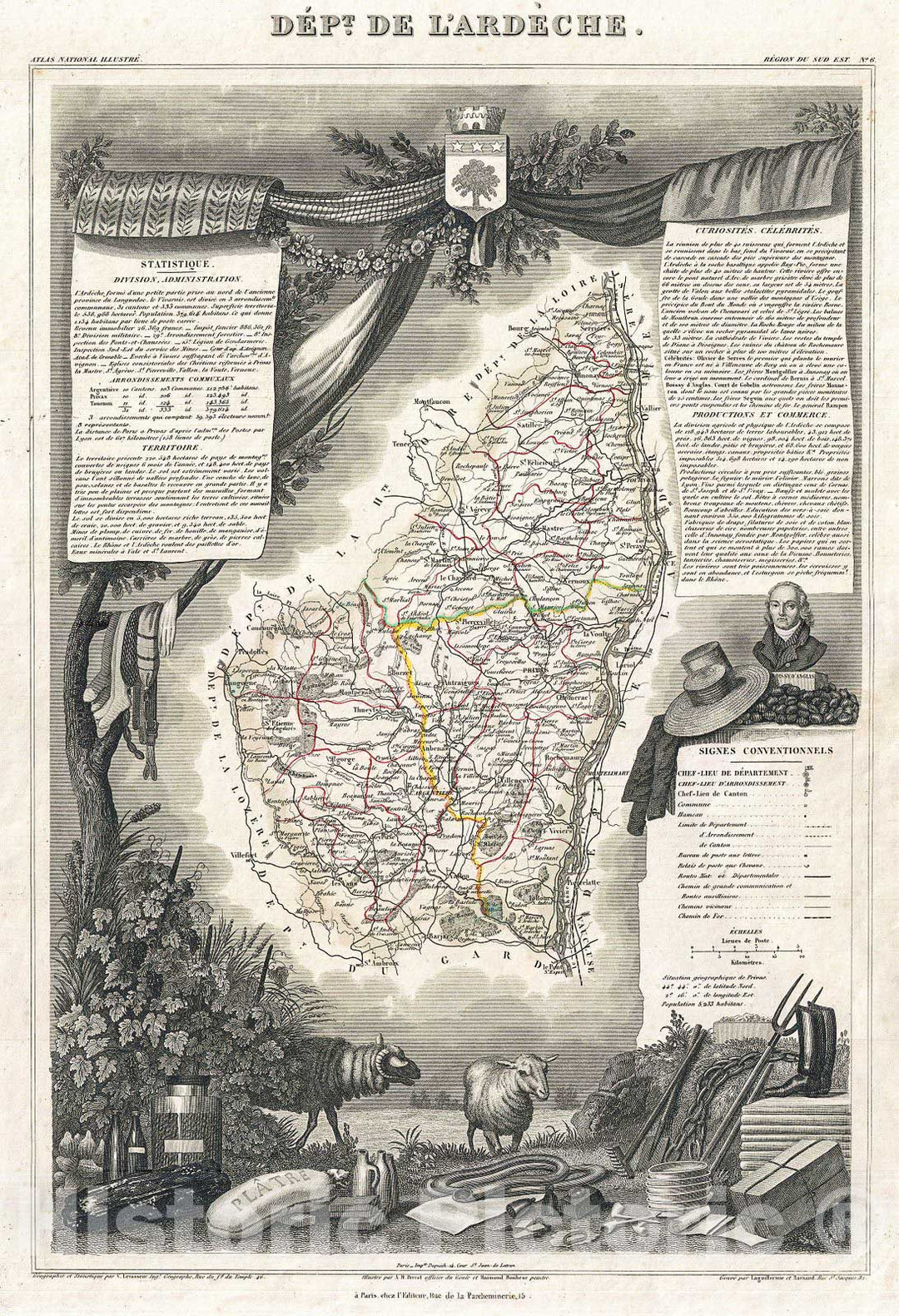 Historic Map : Levasseur Map of The Department L'Ardeche, France, 1852, Vintage Wall Art