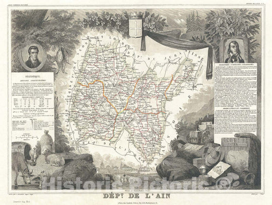 Historic Map : Levasseur Map of The Department L'Ain, France (Bugey Wine Region), 1852, Vintage Wall Art