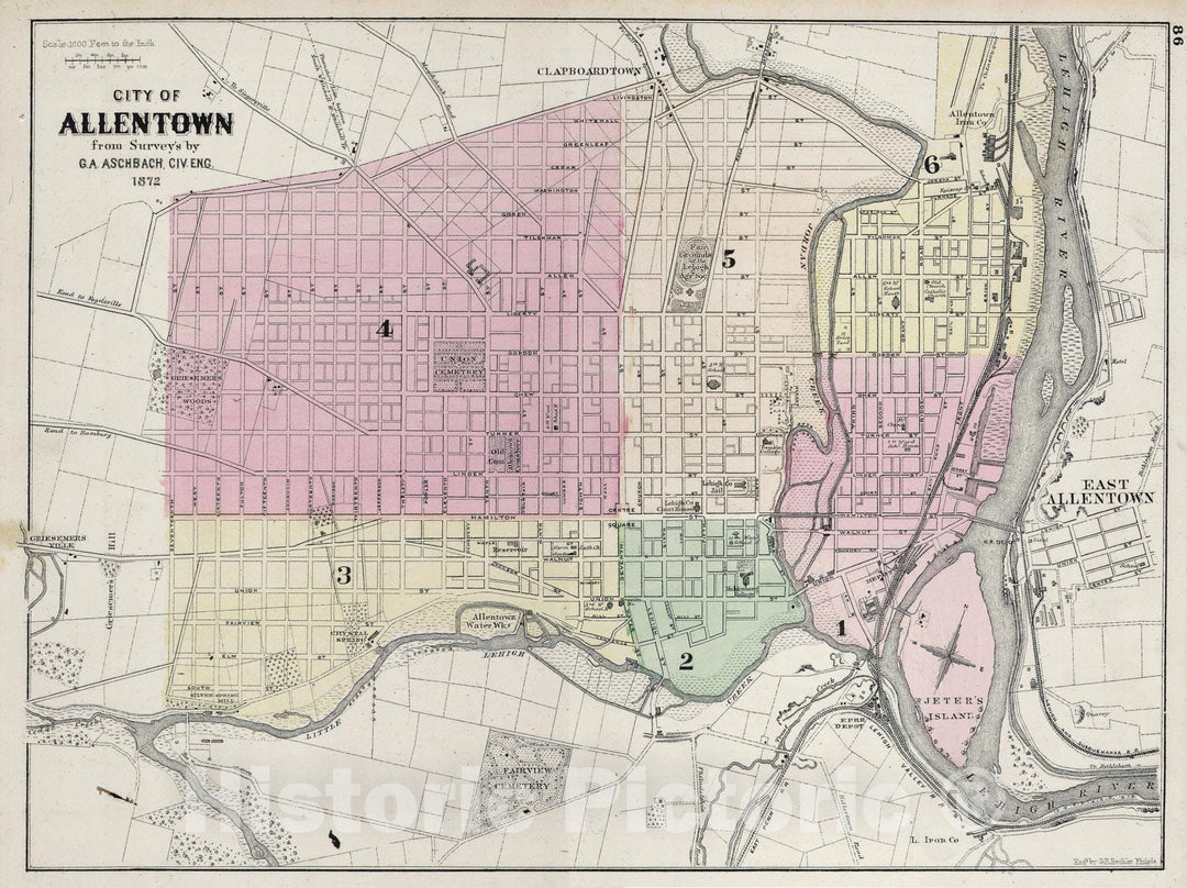 Historic Map : Asher & Adams Map of Allentown, PA, 1872, Vintage Wall Art