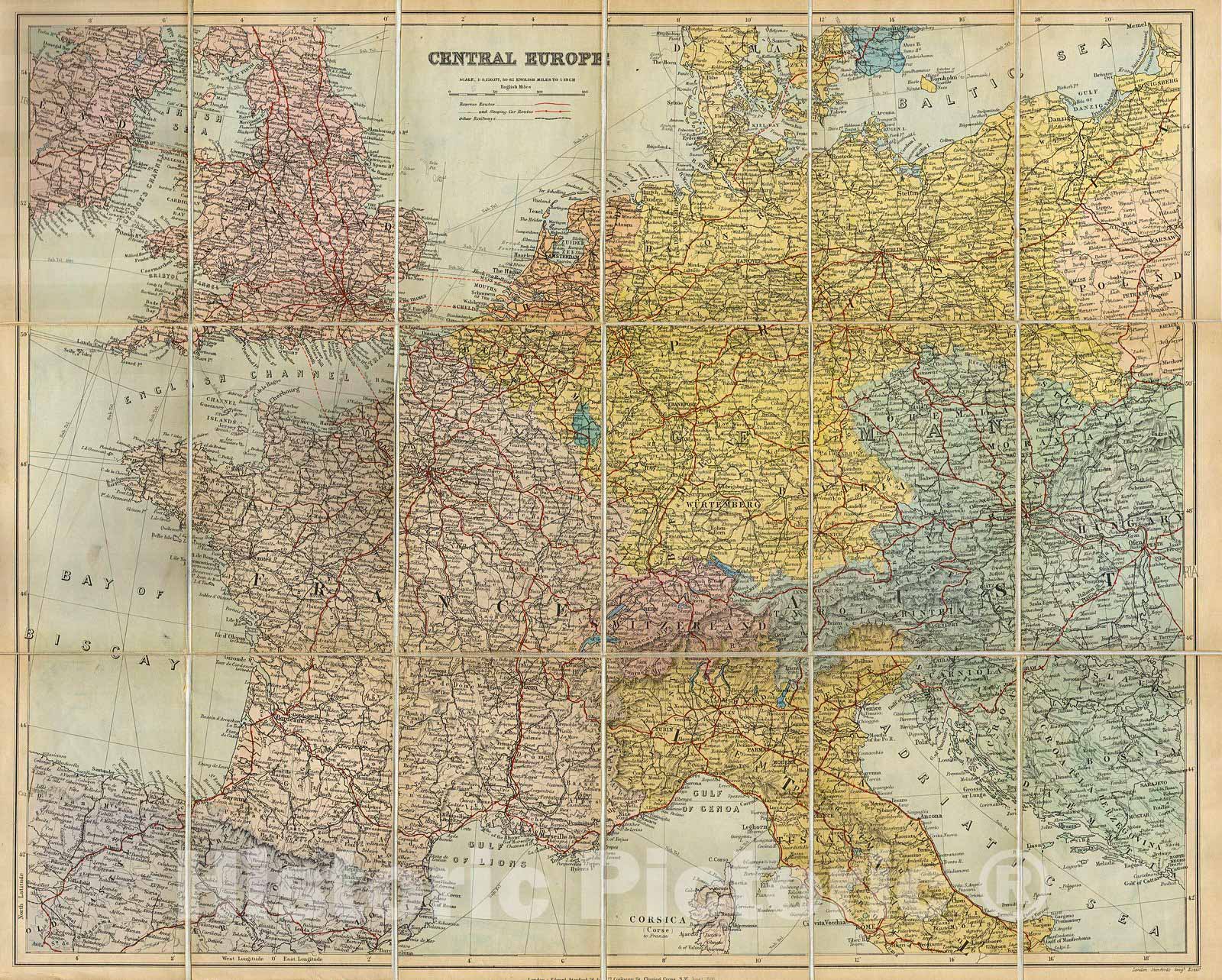 Historic Map : Stanford's Pocket Map of Europe , 1895, Vintage Wall Art