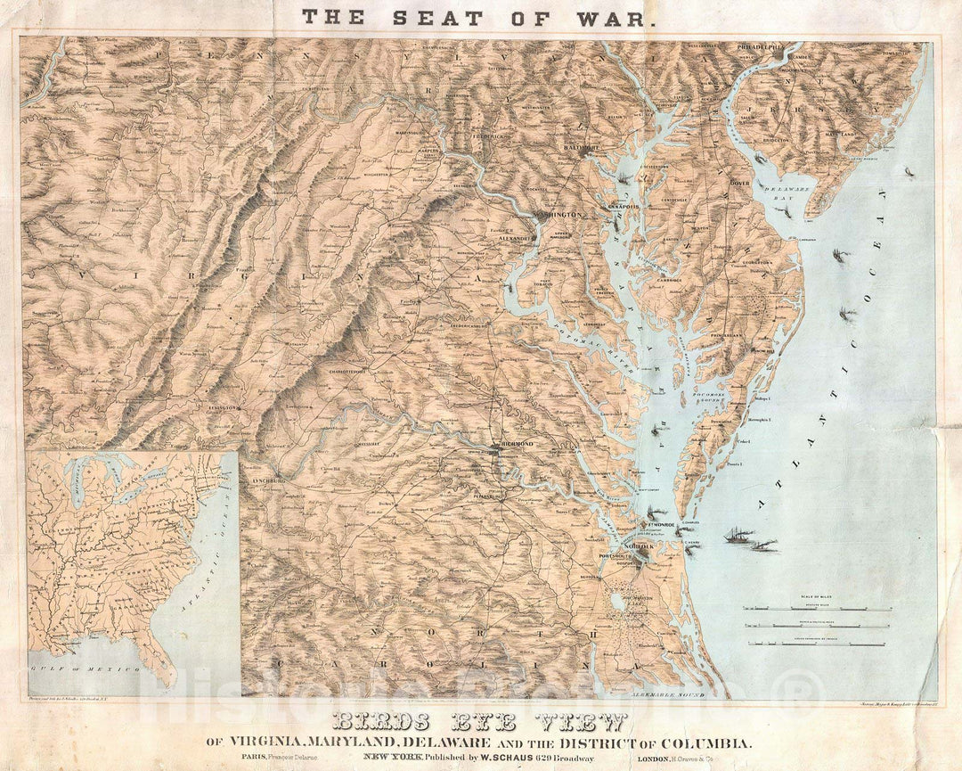 Historic Map : Schaus Bird's Eye View Map of Virginia, Delaware, and North Carolina (Seat of War) , 1861, Vintage Wall Art