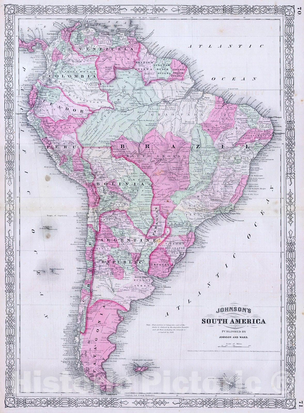 Historic Map : Johnson's Map of South America , 1863, Vintage Wall Art