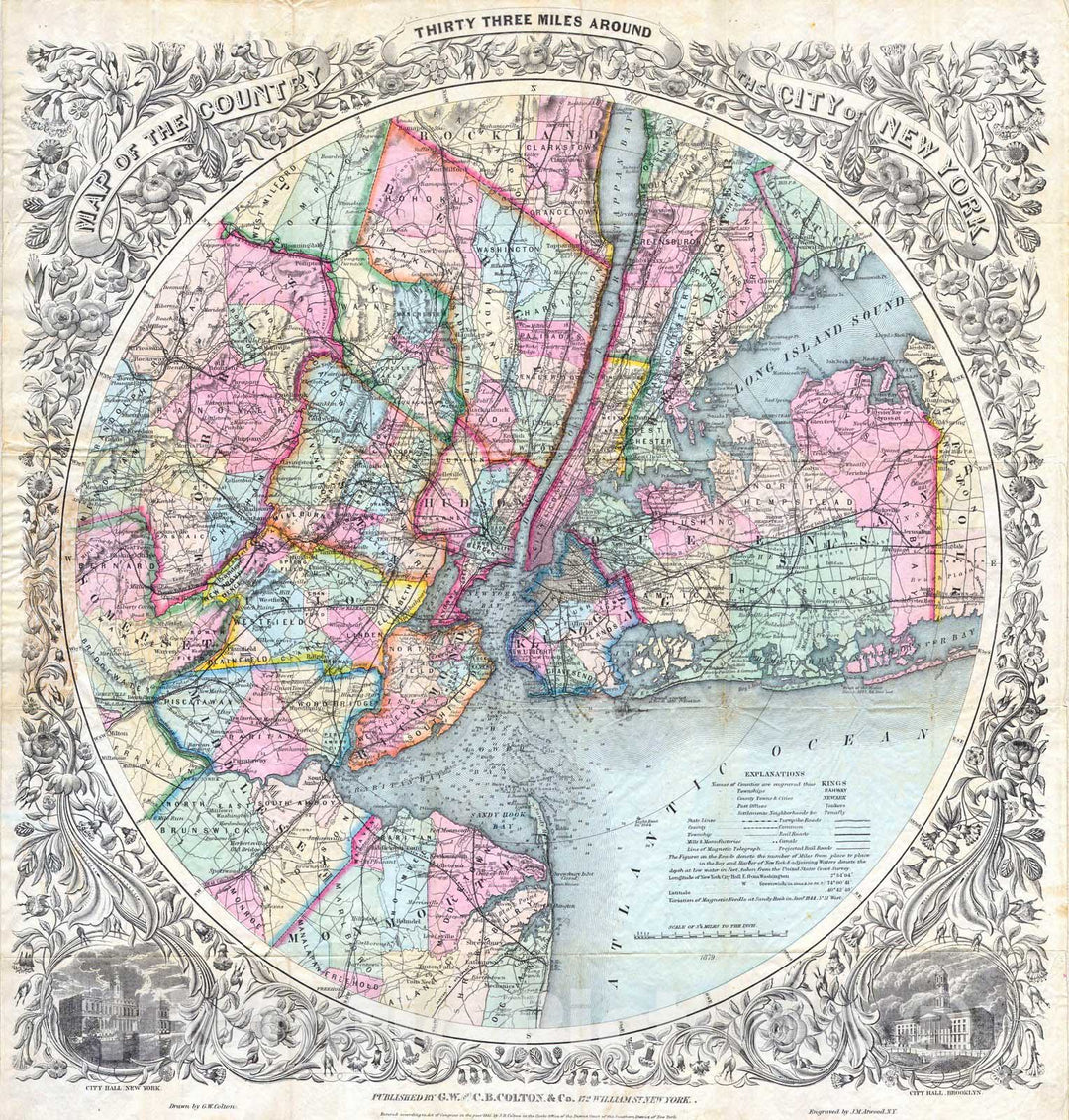 Historic Map : on Map of New York City & Vicinity (33 Miles Around), c1850, Col, Vintage Wall Art