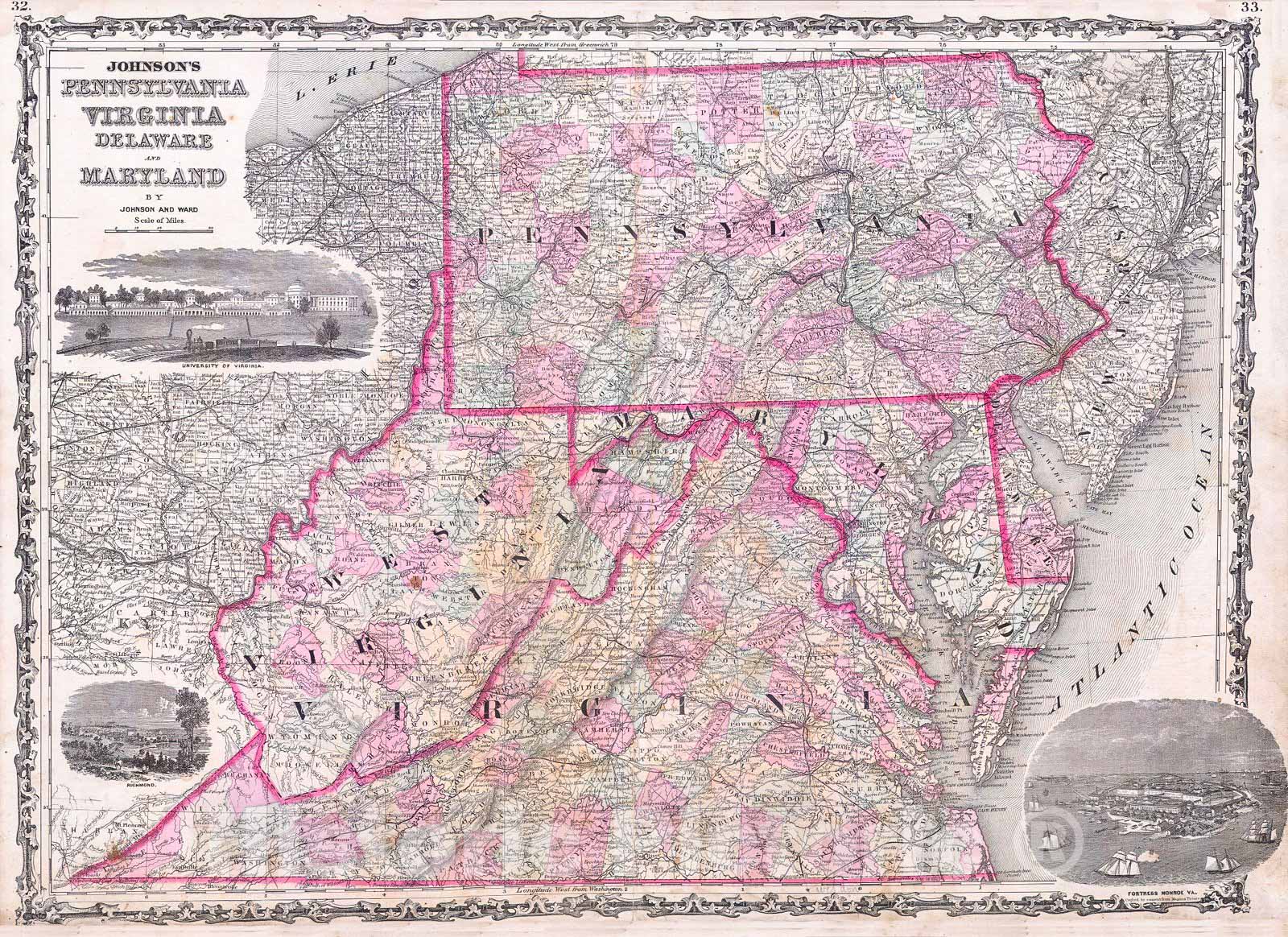 Historic Map : Johnson Map of Virginia, Maryland, Delaware & Pennsylvania, 1863, Vintage Wall Art