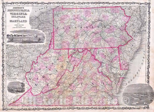 Historic Map : Johnson Map of Virginia, Maryland, Delaware & Pennsylvania, 1863, Vintage Wall Art