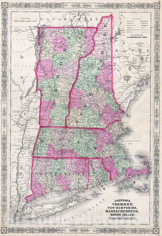 Historic Map : Johnson's Map of New England (Vermont, New Hampshire, Massachusetts, Rhode Island and CT), 1864, Vintage Wall Art