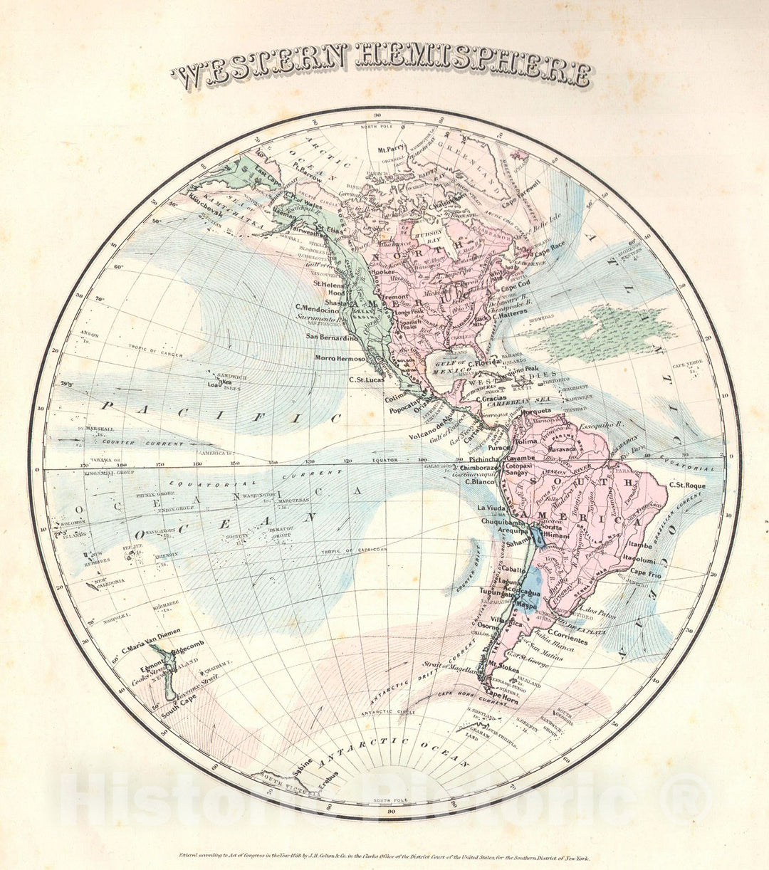 Historic Map : Colton's Map of The Western Hemisphere , 1858, Vintage Wall Art