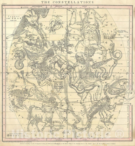 Historic Map : Burritt, Huntington Map of The Constellations or Stars in July, August & September , 1856, Vintage Wall Art