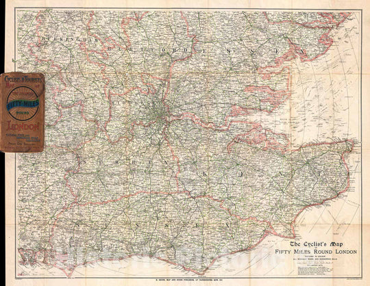 Historic Map : Barthholomew Cyclist's Map of 50 Miles Around London, England, 1895, Vintage Wall Art