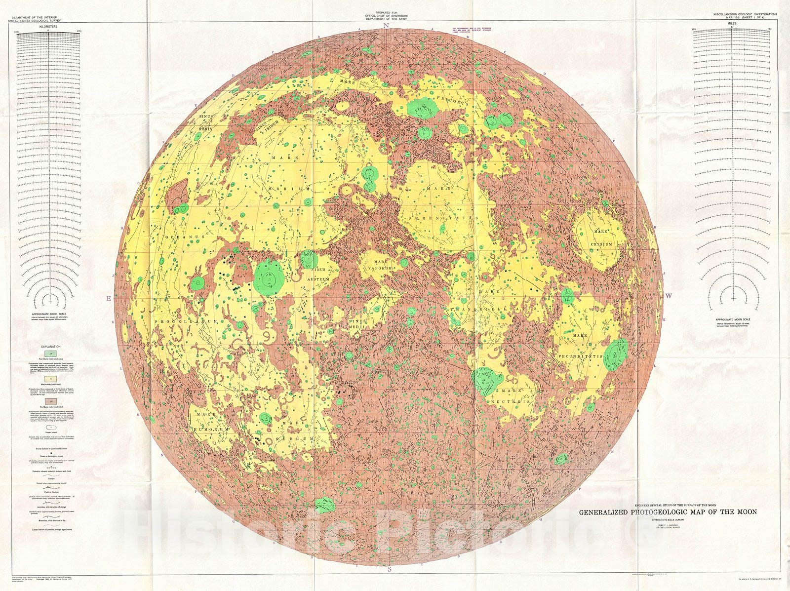 Historic Map : U.S.G.S. Photogeologic Map of The Moon (Wall map), Landmark Lunar map &, 1961, Vintage Wall Art