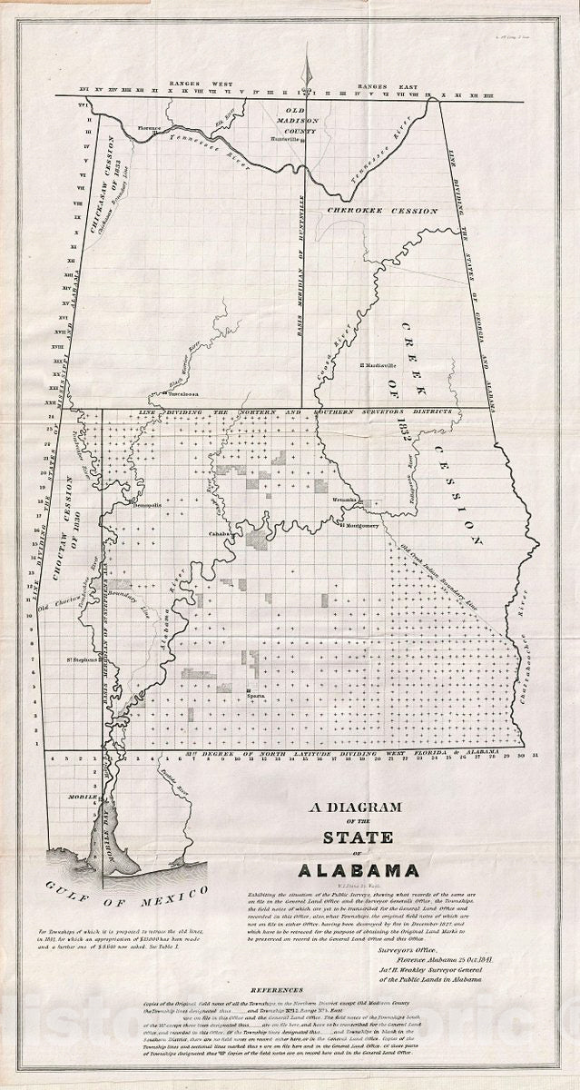 Historic Map : Public Survey Antique Map of The State of Alabama, 1841, Vintage Wall Art