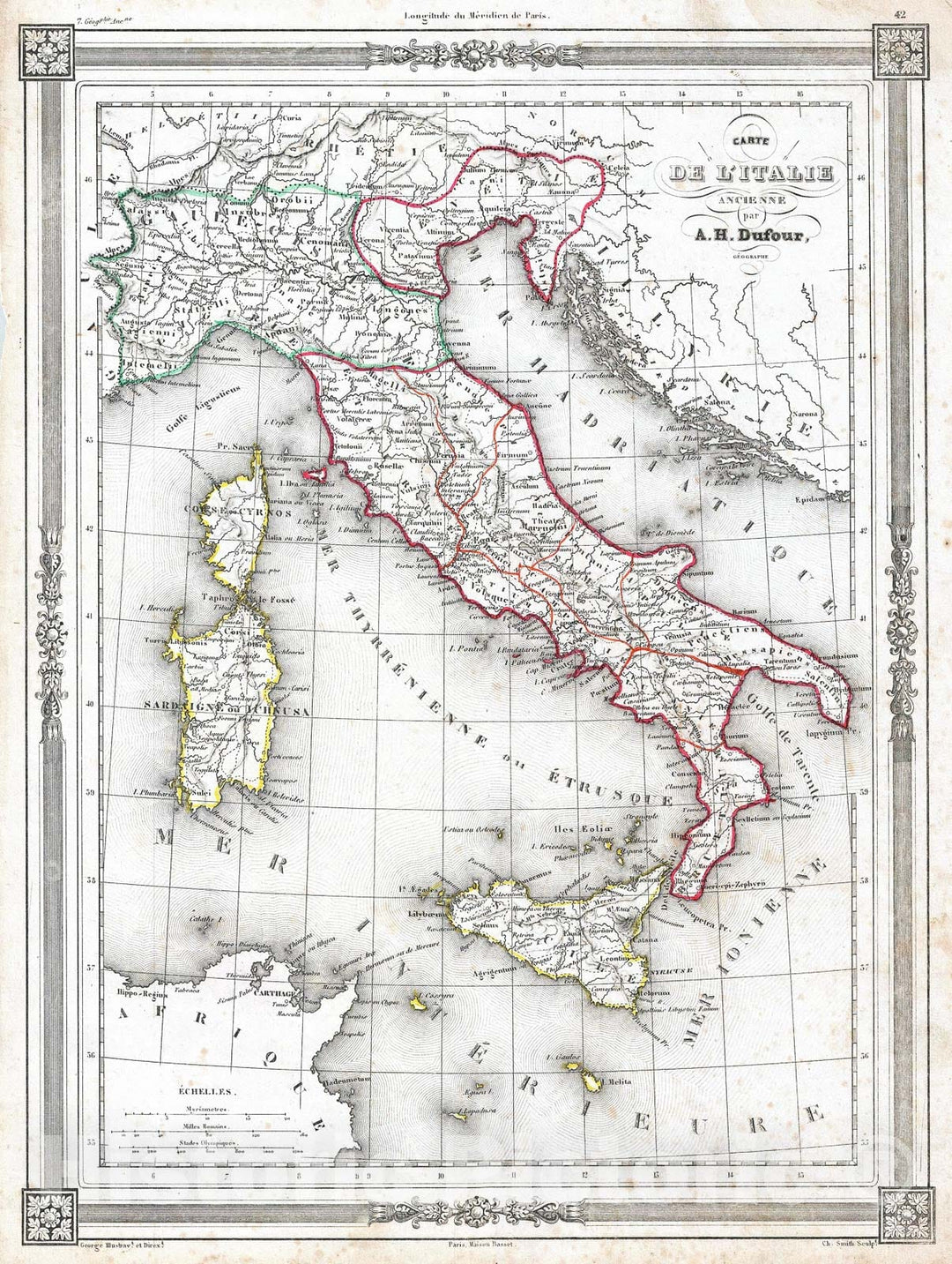 Historic Map : Dufour Map of Italy in Antiquity, 1852, Vintage Wall Art