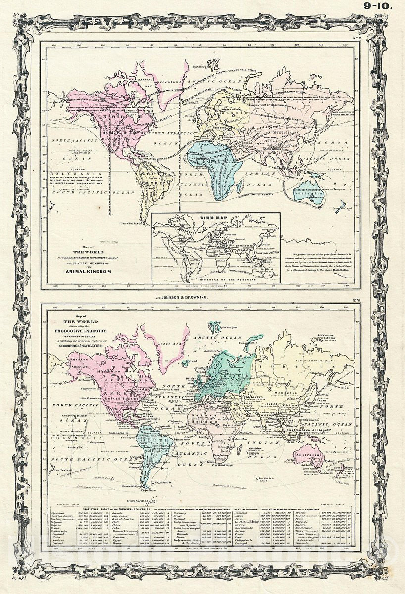 Historic Map : Johnson Map of The World's Industry and Animals, 1861, Vintage Wall Art