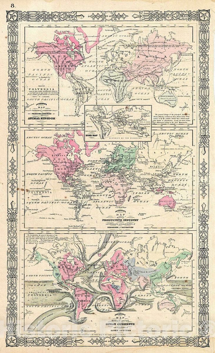 Historic Map : Johnson Map of The World Showing The Animal Kingdom, Industries, and Currents, 1864, Vintage Wall Art